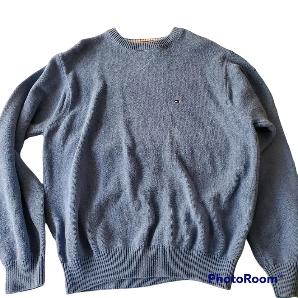 Tommy Hilfiger Men's Pullover Sweater Size Medium Med M Blue Logo Long Sleeve